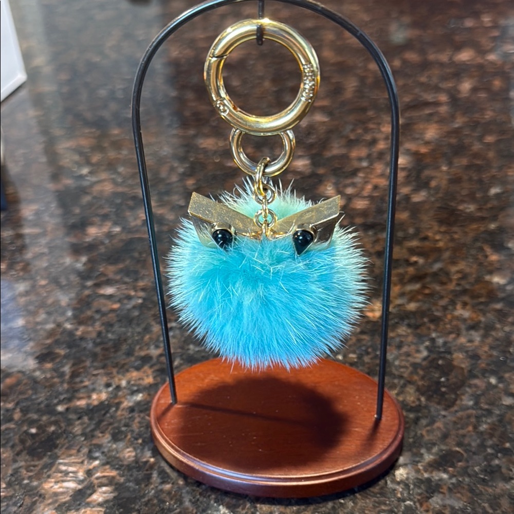 Authentic FENDI Blue Furry  Monster Keychain with Gold Accents